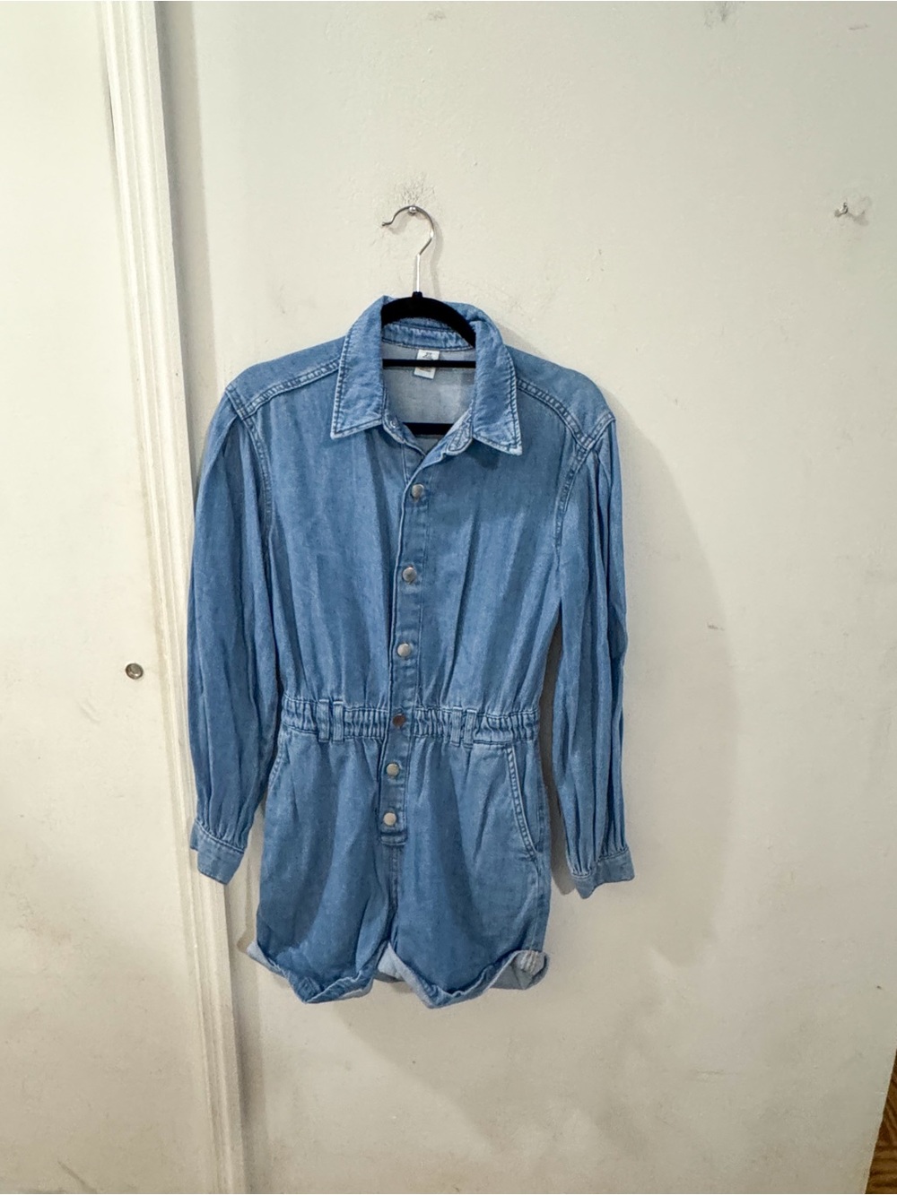 H&M Light Blue Denim Long Sleeve Romper - Casual Button-Front, size XS